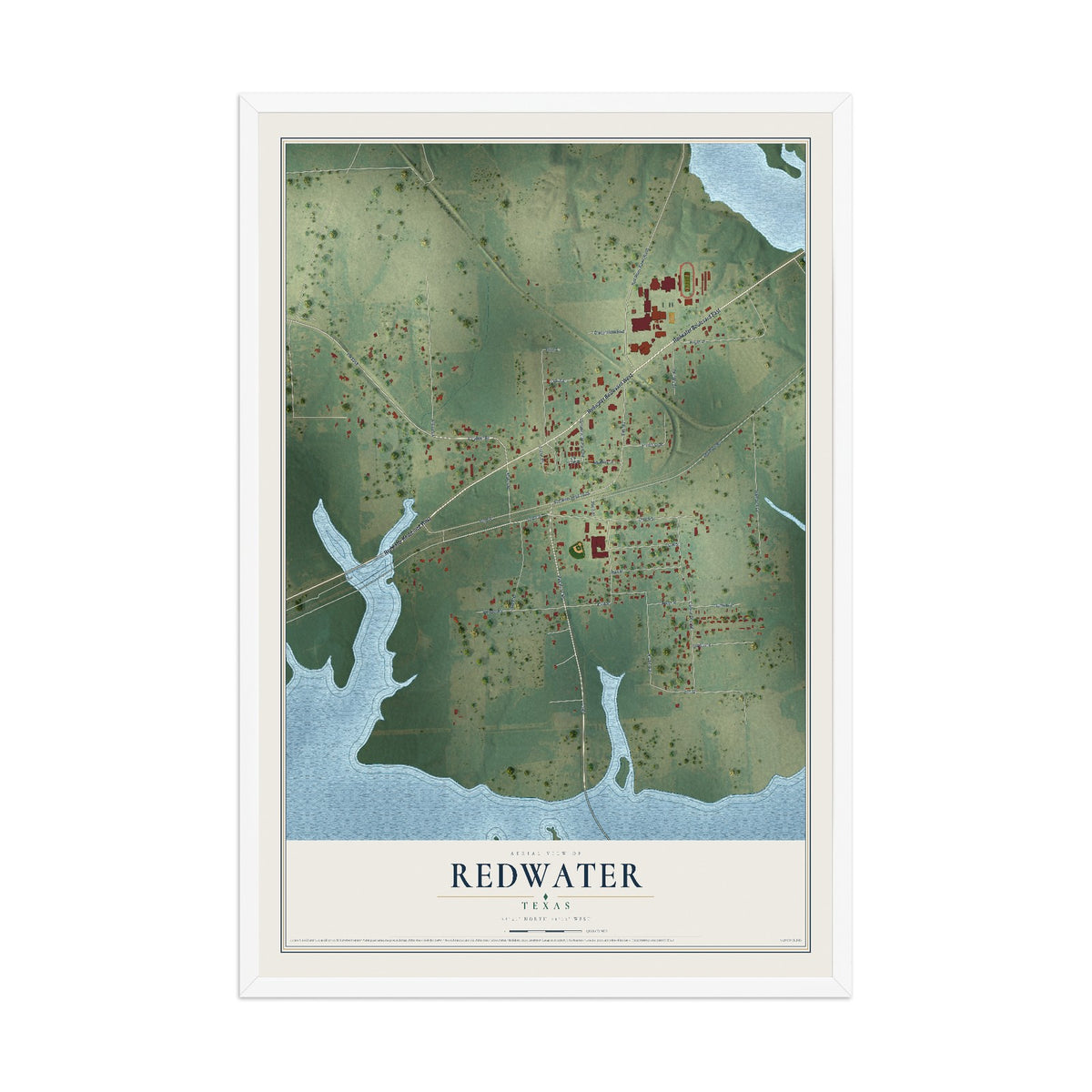 Map of Redwater, Texas, 12 x 18 inch print in a white wood frame
