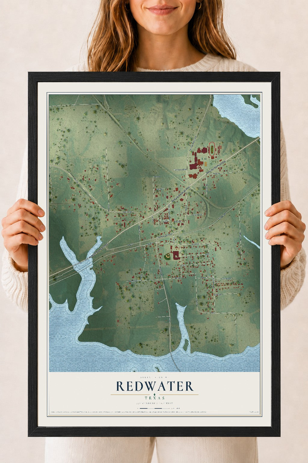 Map of Redwater, Texas, 18 x 24 inch print in a black wood frame