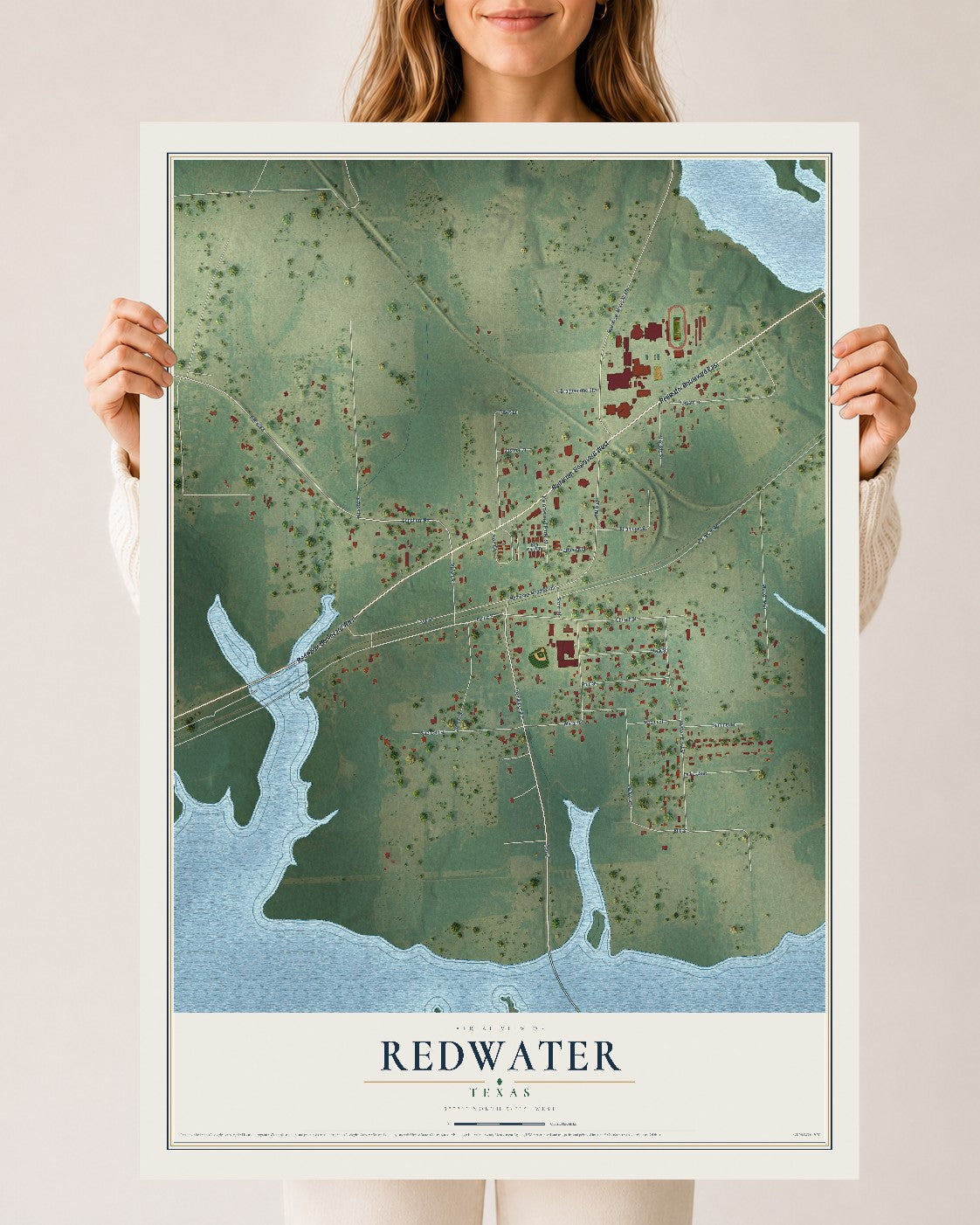 Map of Redwater, Texas, 24 x 36 inch unframed archival matte print