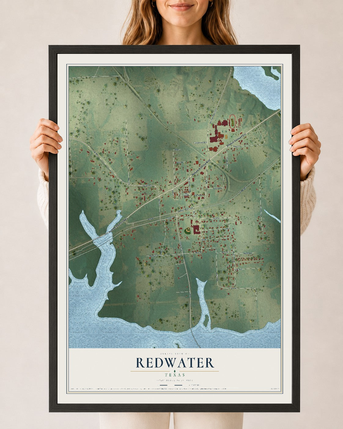 Map of Redwater, Texas, 24 x 36 inch print in a black wood frame