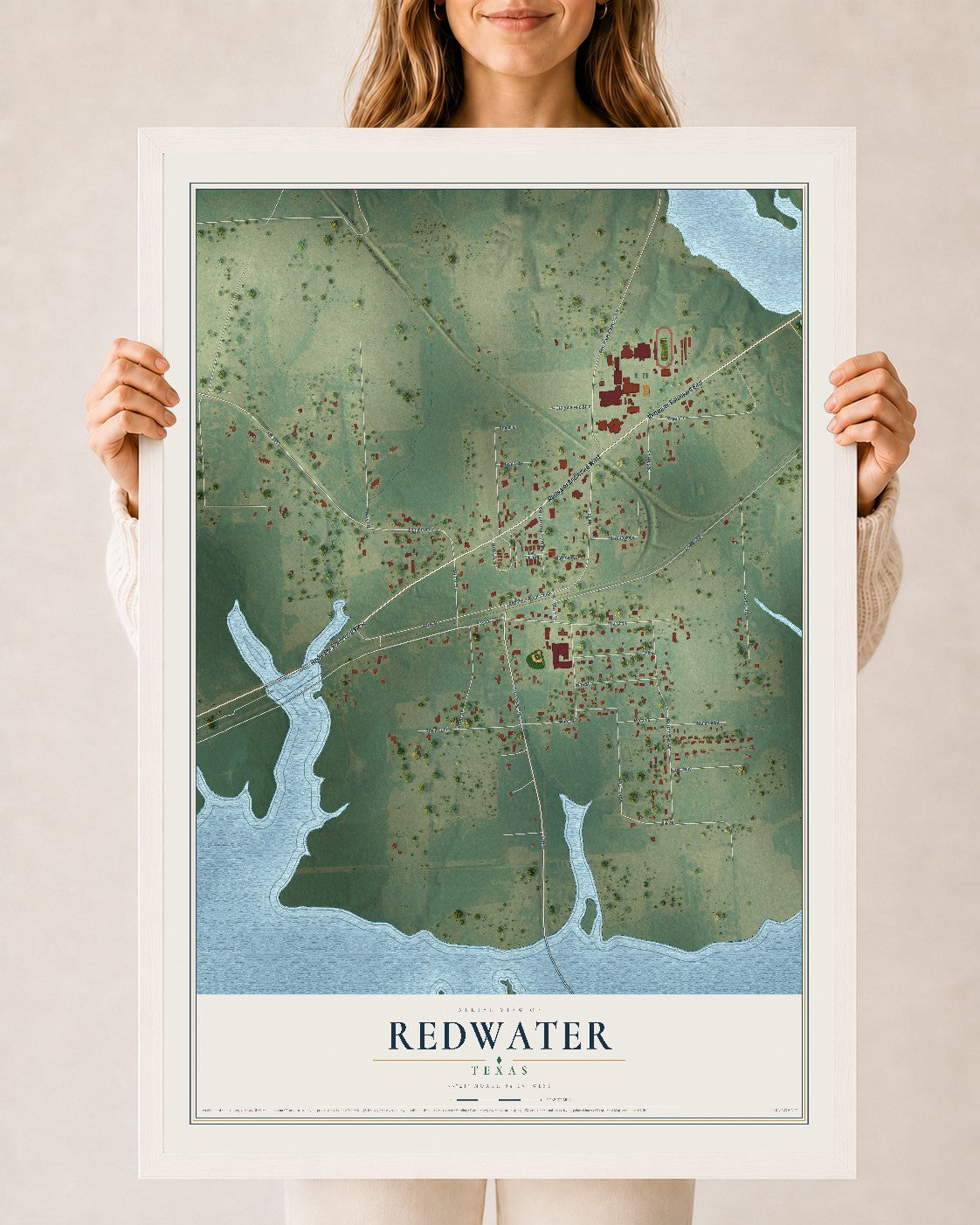 Map of Redwater, Texas, 24 x 36 inch print in a white wood frame