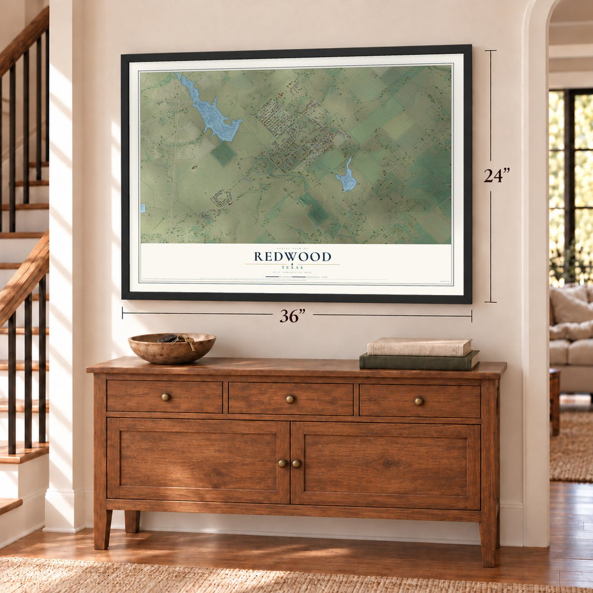 Redwood, Texas map, 24 x 36 inch print in a black frame above a dresser by a staircase