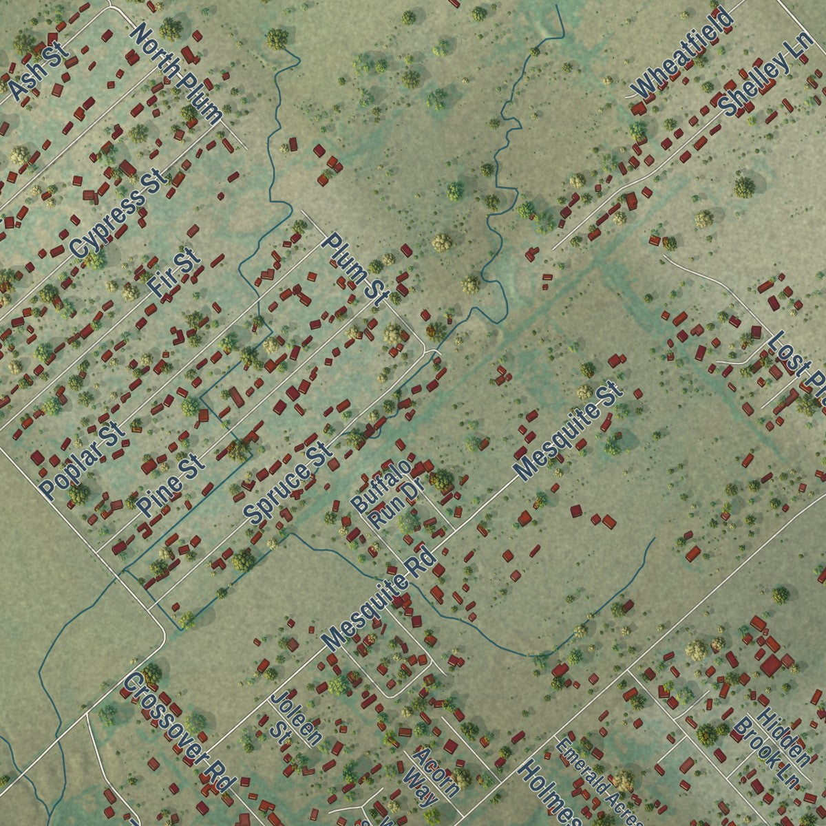 Close-up of the map of Redwood, Texas print showing street and building detail