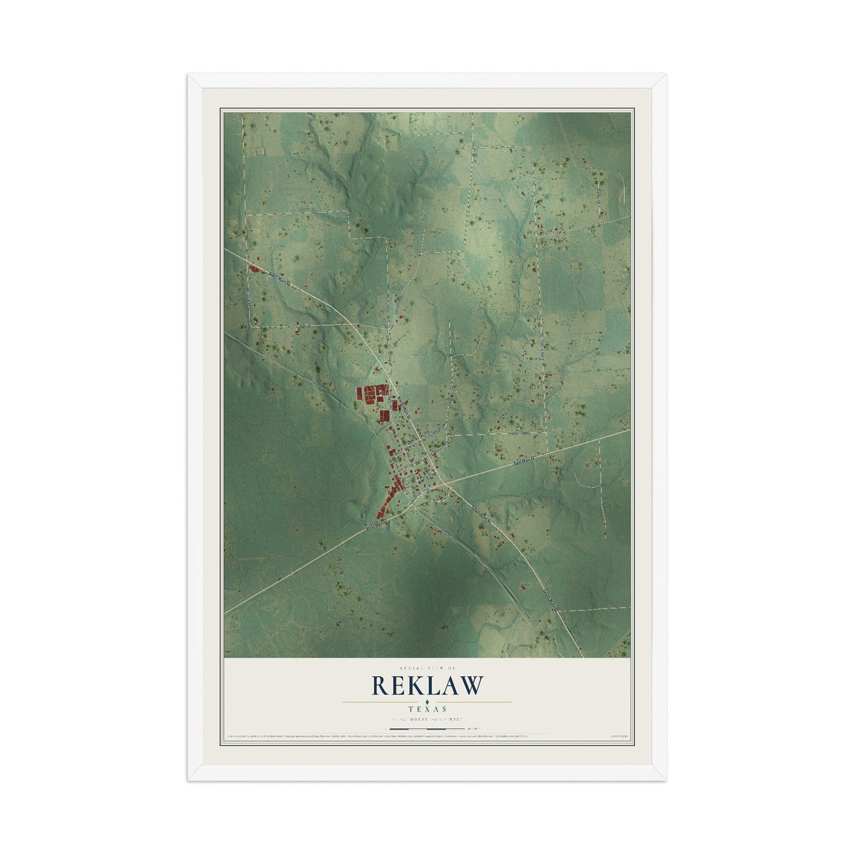 Map of Reklaw, Texas, 12 x 18 inch print in a white wood frame