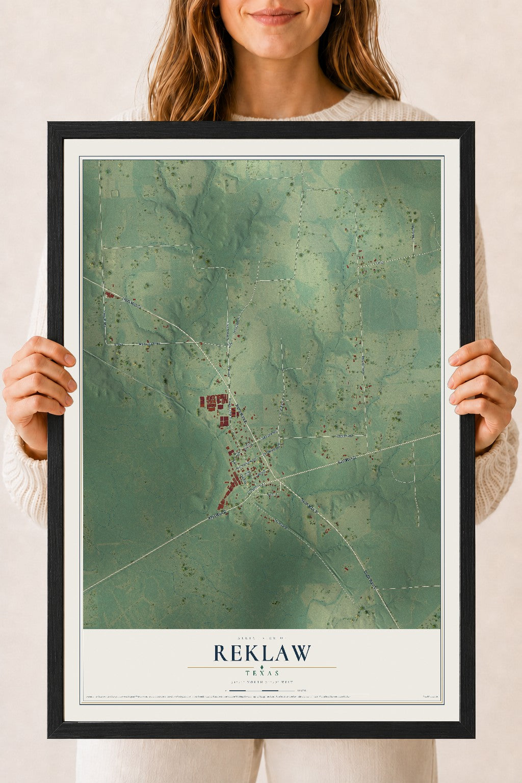 Map of Reklaw, Texas, 18 x 24 inch print in a black wood frame