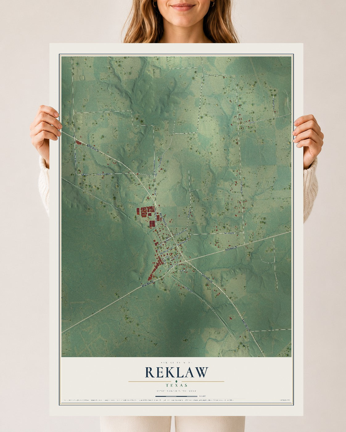 Map of Reklaw, Texas, 24 x 36 inch unframed archival matte print