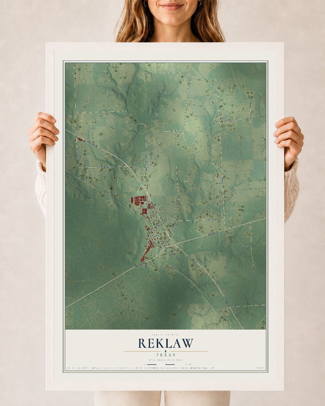 Map of Reklaw, Texas, 24 x 36 inch print in a white wood frame