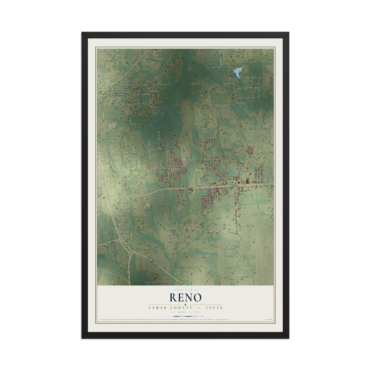 Map of Reno, Lamar County, Texas, 12 x 18 inch print in a black wood frame