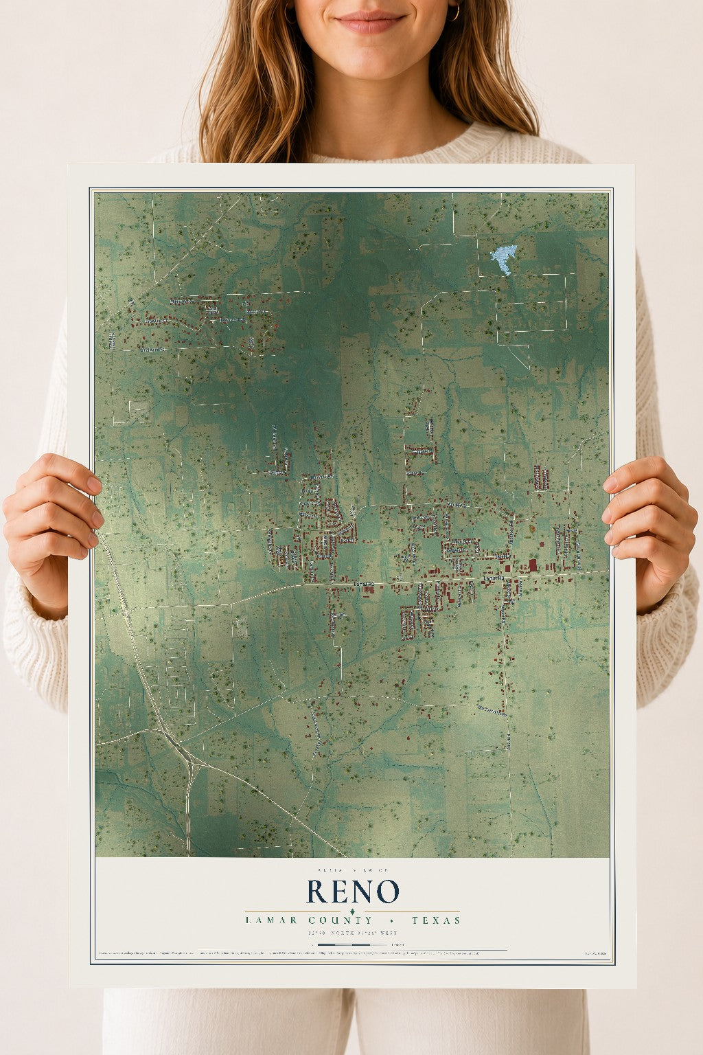Map of Reno, Lamar County, Texas, 18 x 24 inch unframed archival matte print