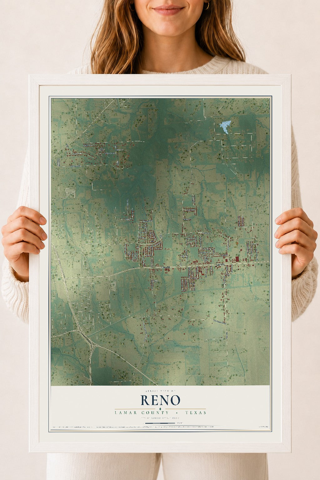 Map of Reno, Lamar County, Texas, 18 x 24 inch print in a white wood frame
