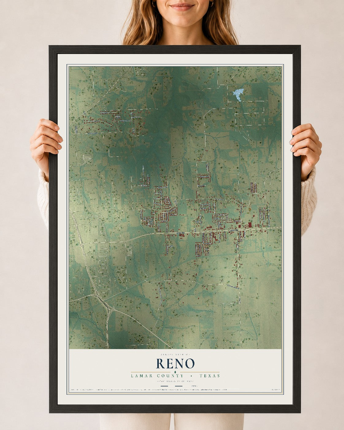 Map of Reno, Lamar County, Texas, 24 x 36 inch print in a black wood frame