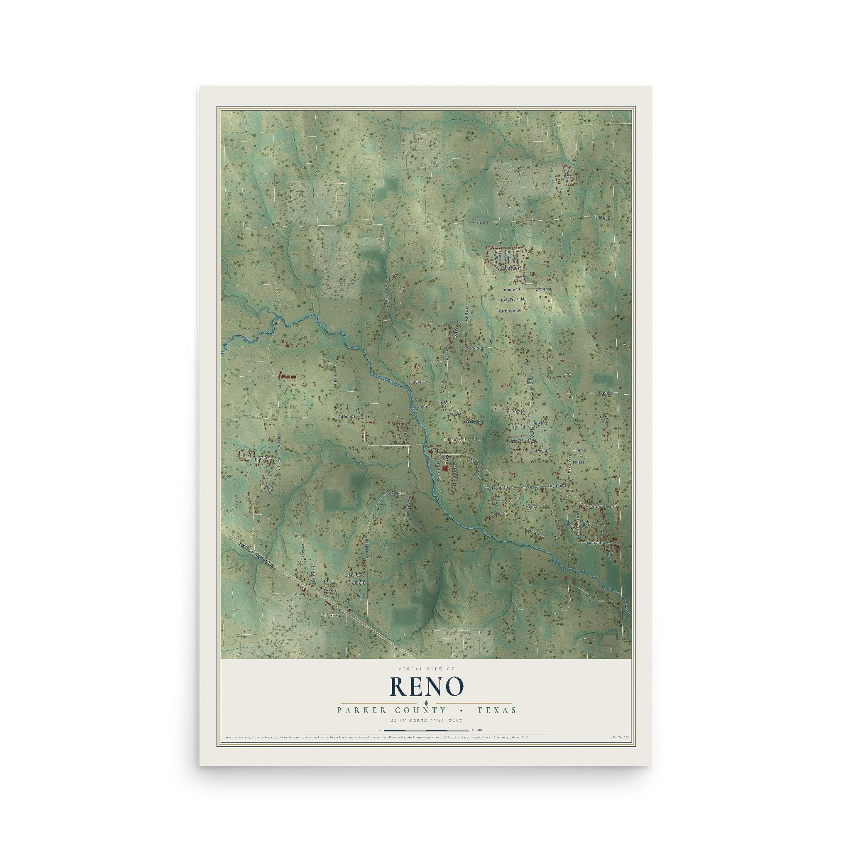 Map of Reno, Parker County, Texas, 12 x 18 inch unframed archival matte print