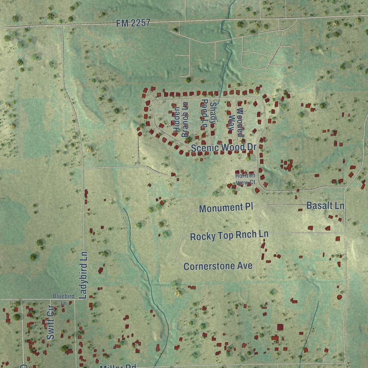 Second close-up of the map of Reno, Parker County, Texas print showing more streets and buildings