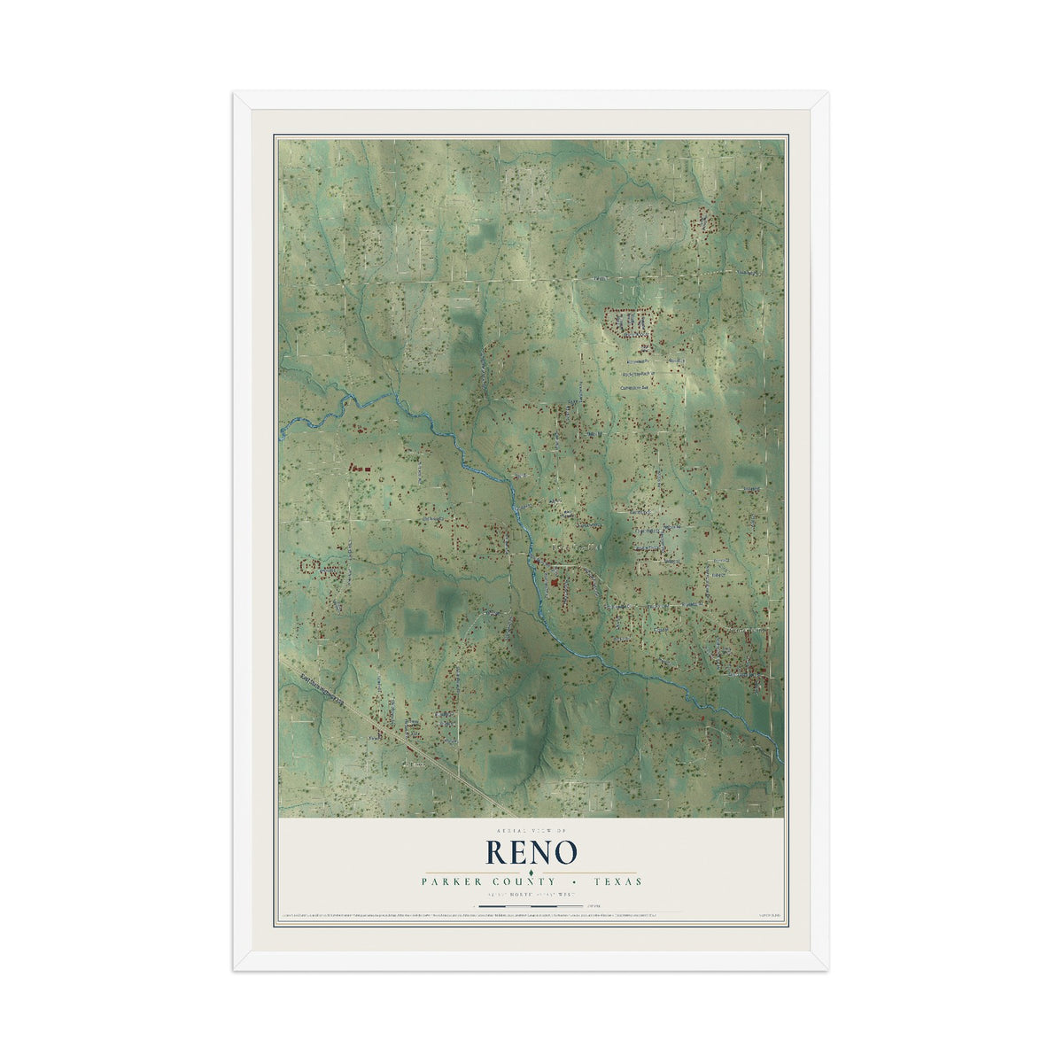Map of Reno, Parker County, Texas, 12 x 18 inch print in a white wood frame