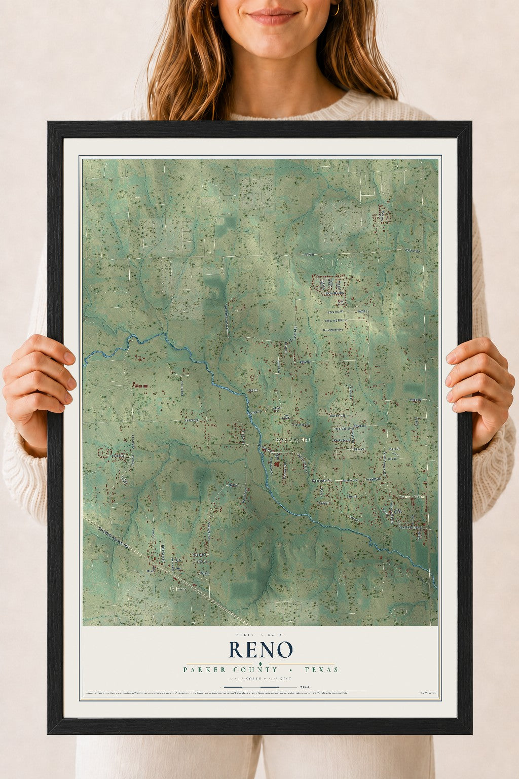 Map of Reno, Parker County, Texas, 18 x 24 inch print in a black wood frame