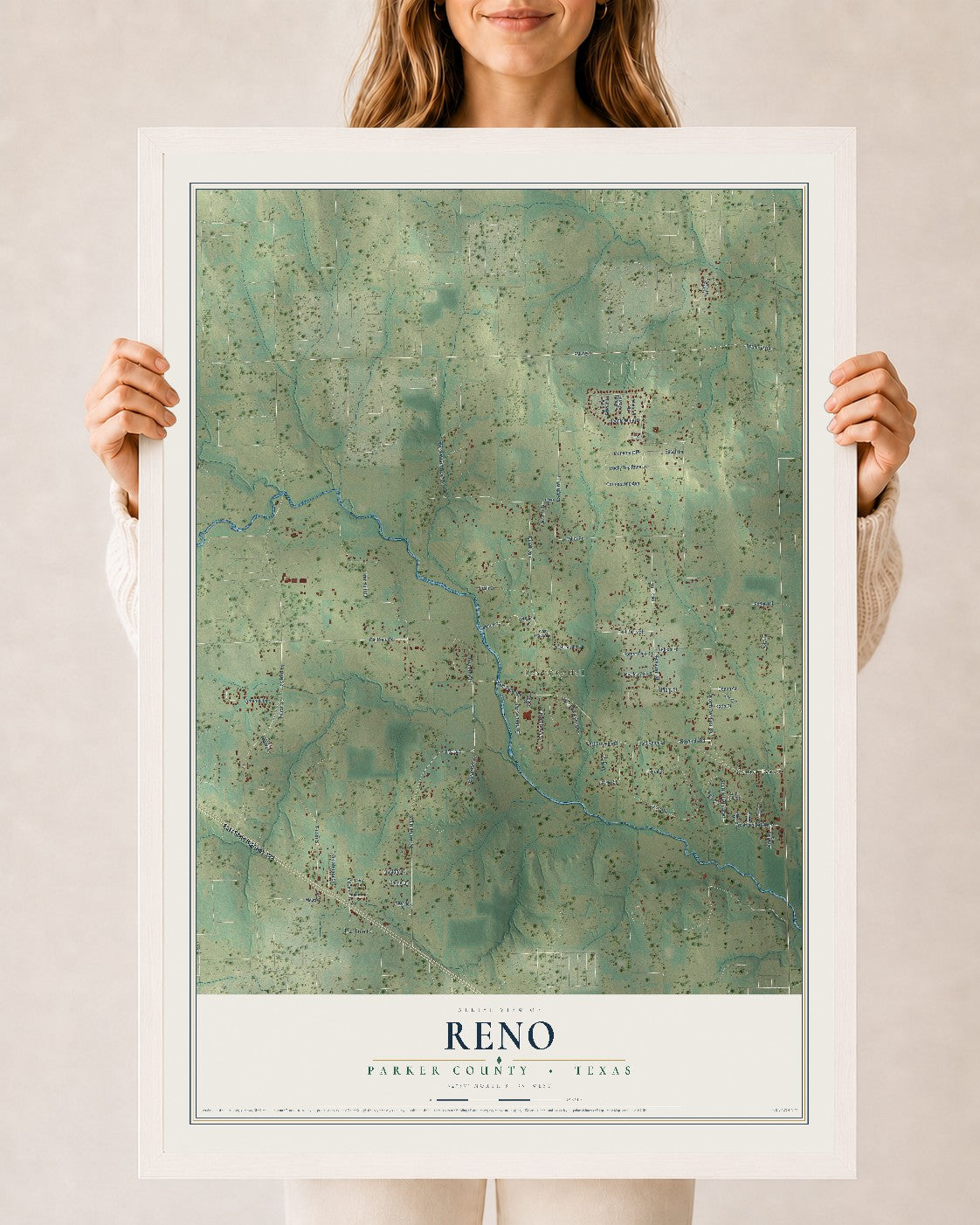 Map of Reno, Parker County, Texas, 24 x 36 inch print in a white wood frame