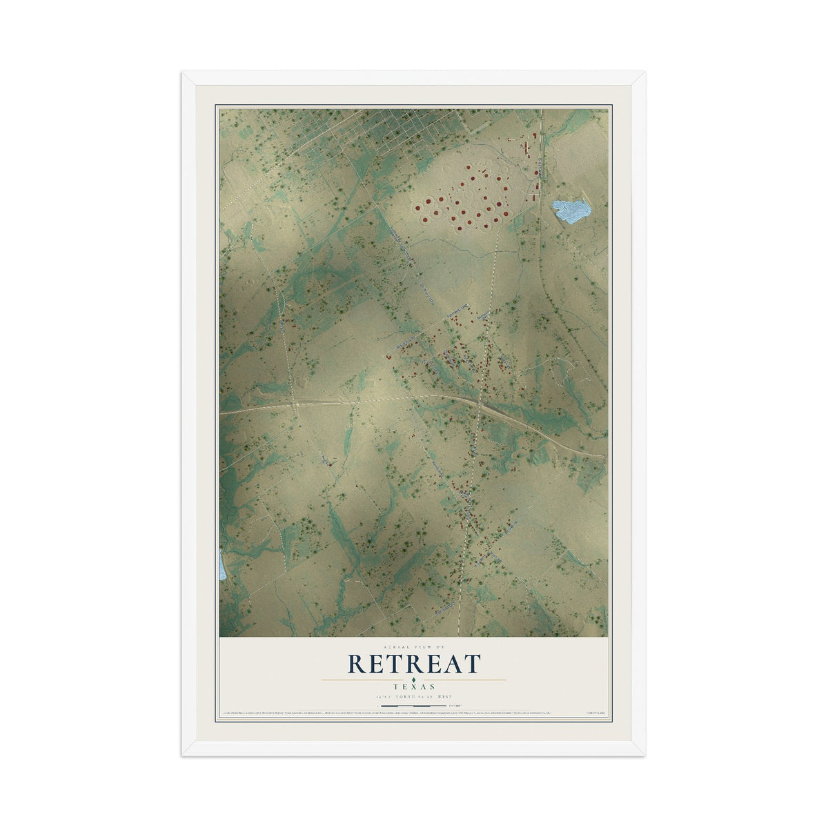 Map of Retreat, Texas, 12 x 18 inch print in a white wood frame