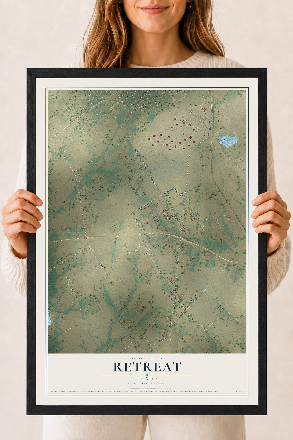 Map of Retreat, Texas, 18 x 24 inch print in a black wood frame
