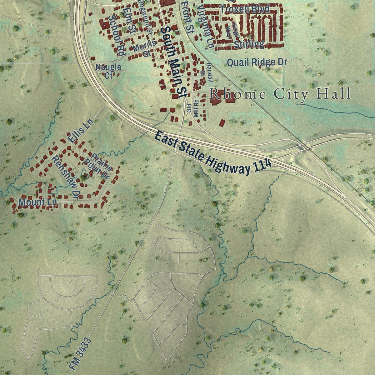 Close-up of the map of Rhome, Texas print showing street and building detail