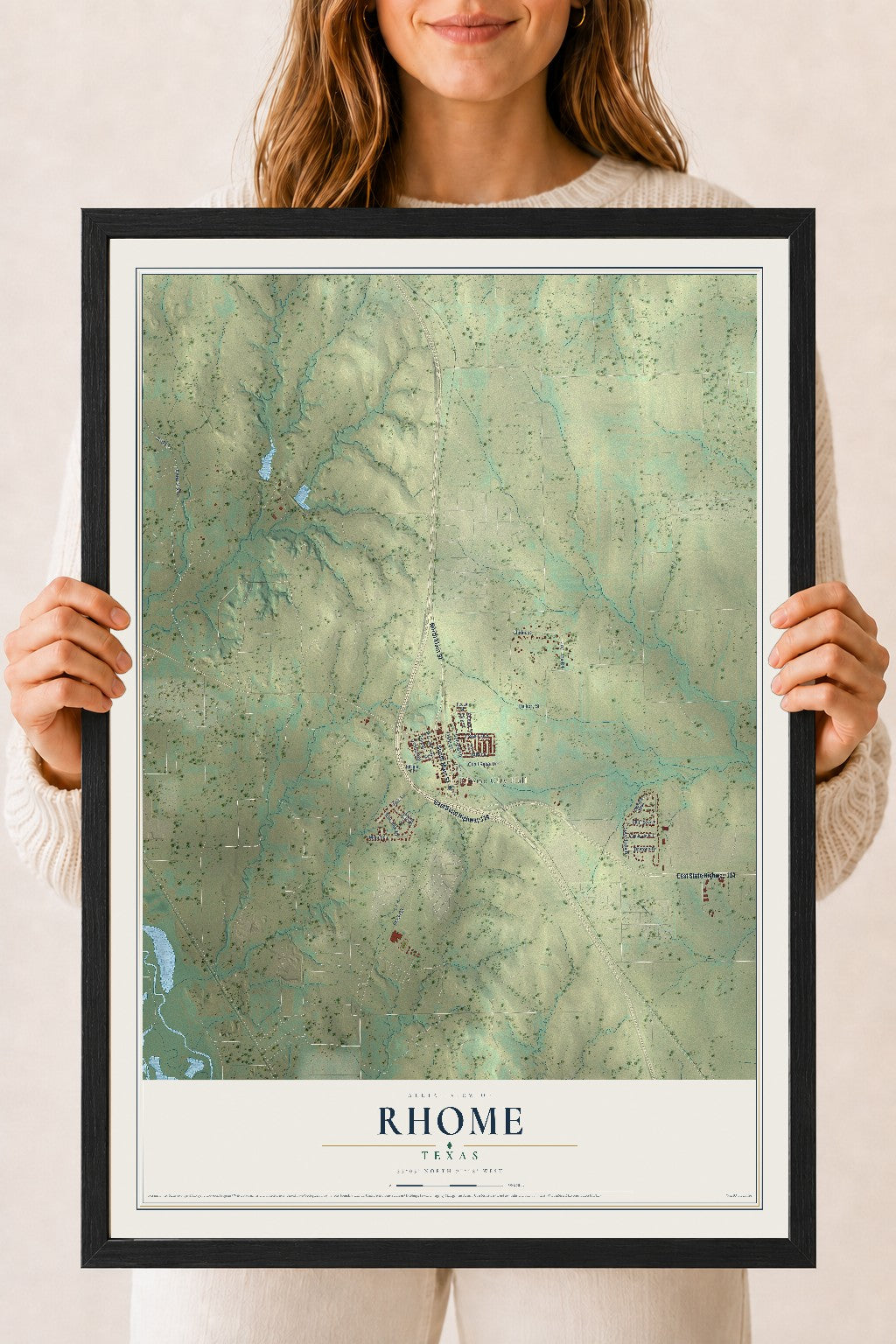 Map of Rhome, Texas, 18 x 24 inch print in a black wood frame