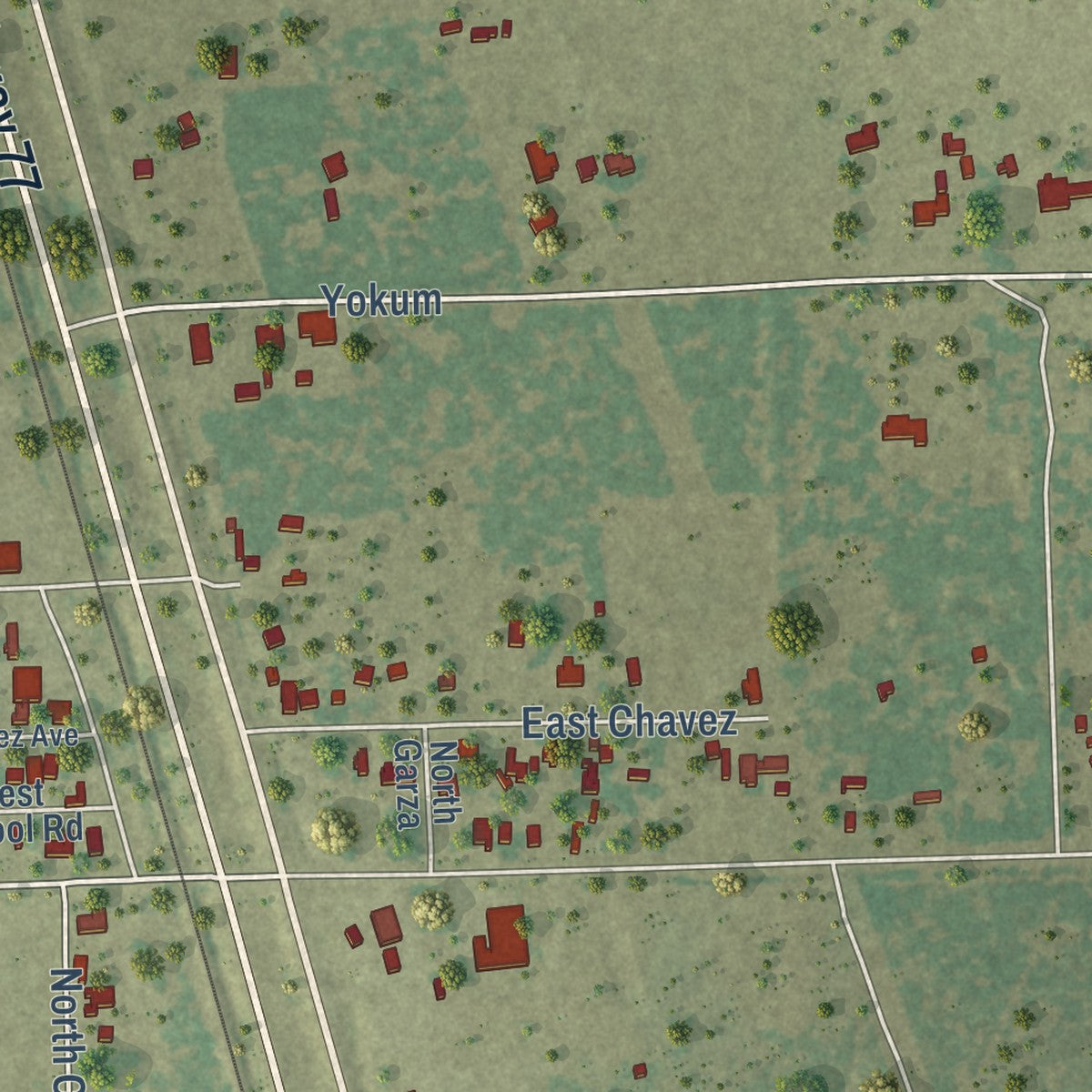 Close-up of the map of Ricardo, Texas print showing street and building detail