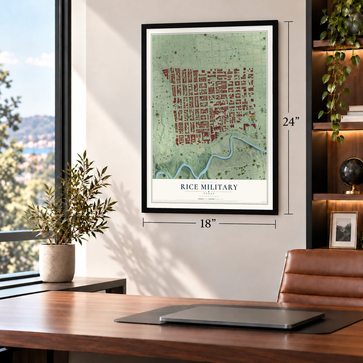 Rice Military, Texas map, 18 x 24 inch print in a black frame in a home office
