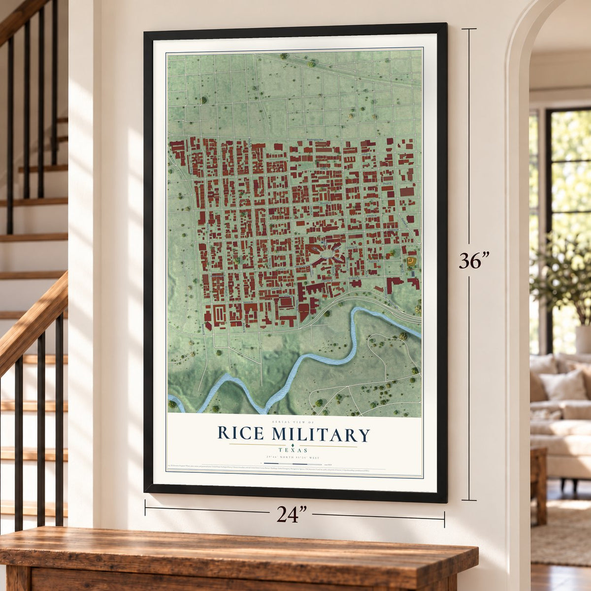 Rice Military, Texas map, 24 x 36 inch print in a black frame by a staircase