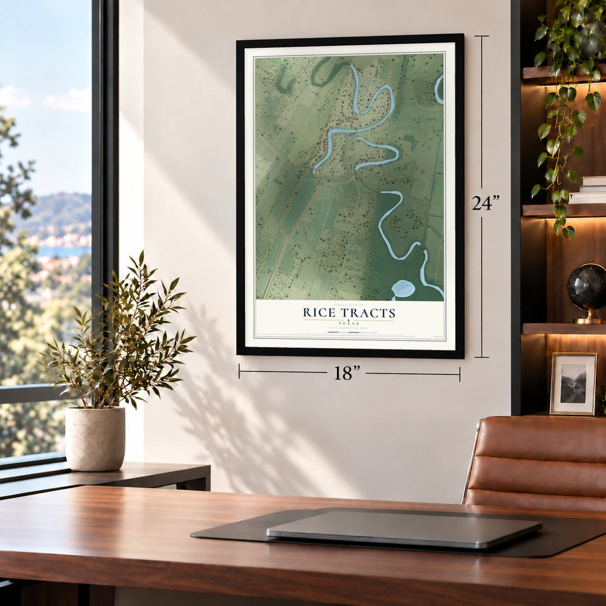 Rice Tracts, Texas map, 18 x 24 inch print in a black frame in a home office