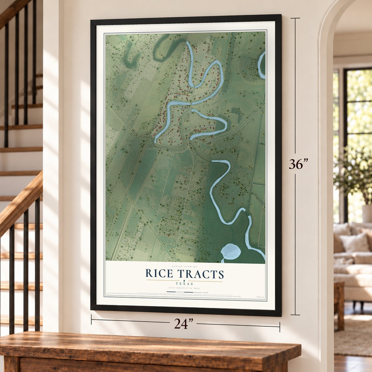 Rice Tracts, Texas map, 24 x 36 inch print in a black frame by a staircase