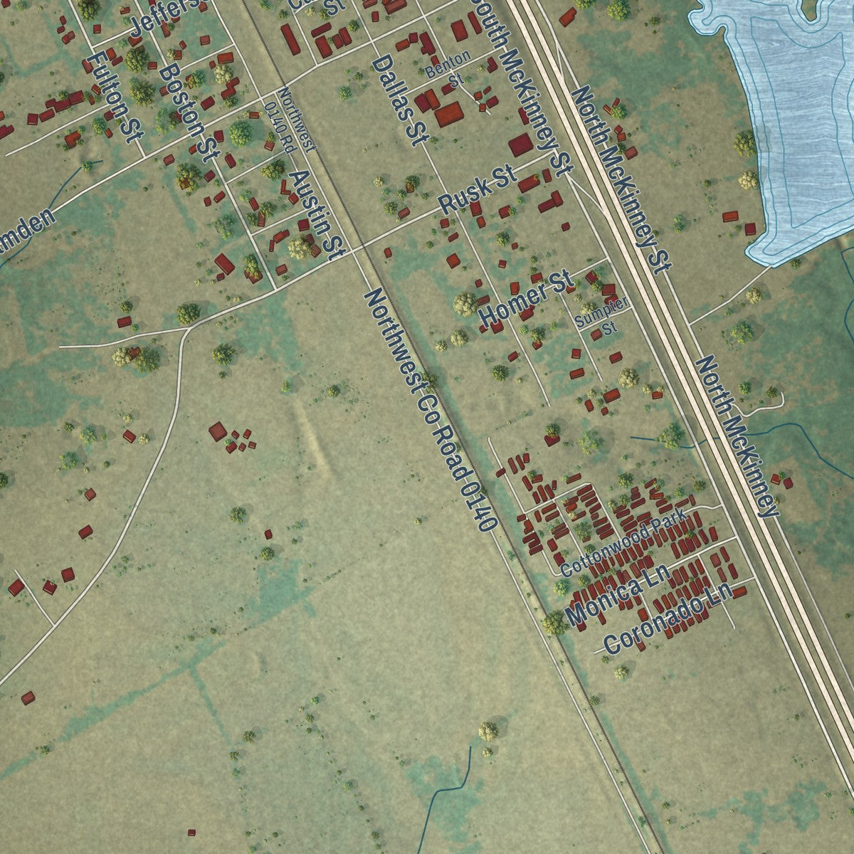 Second close-up of the map of Rice, Texas print showing more streets and buildings