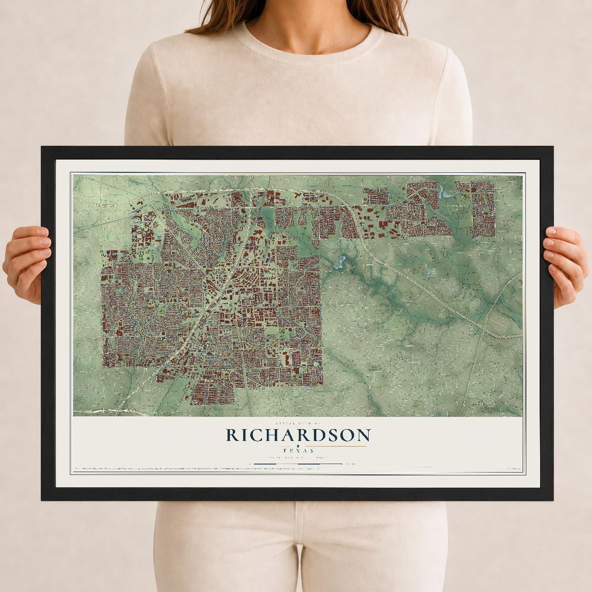 Map of Richardson, Texas, 12 x 18 inch print in a black wood frame
