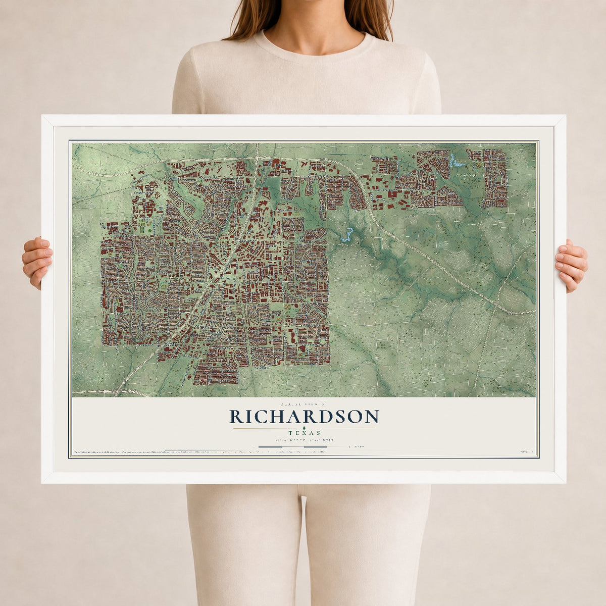 Map of Richardson, Texas, 24 x 36 inch print in a white wood frame