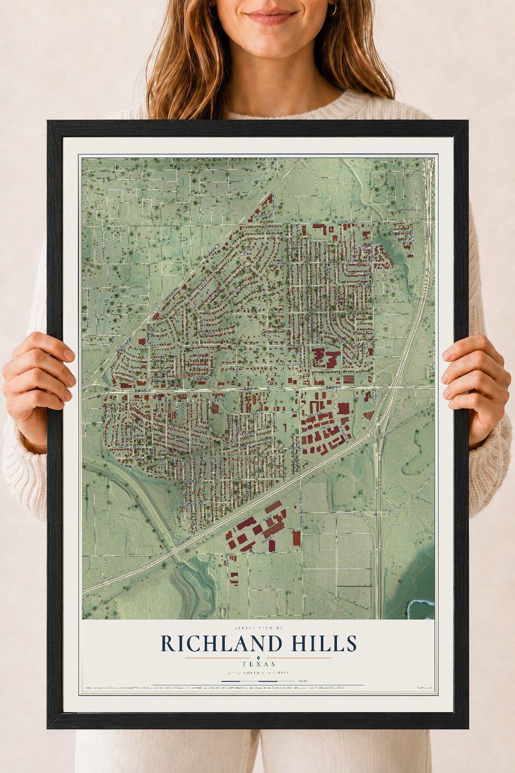 Map of Richland Hills, Texas, 18 x 24 inch print in a black wood frame