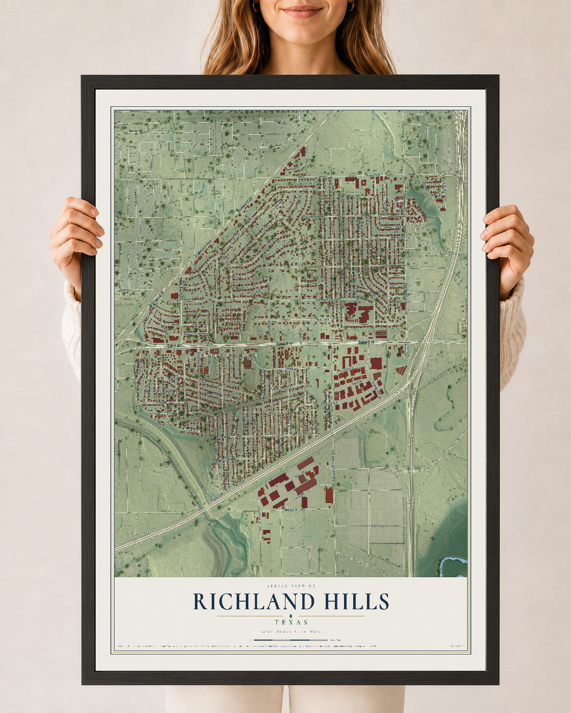 Map of Richland Hills, Texas, 24 x 36 inch print in a black wood frame