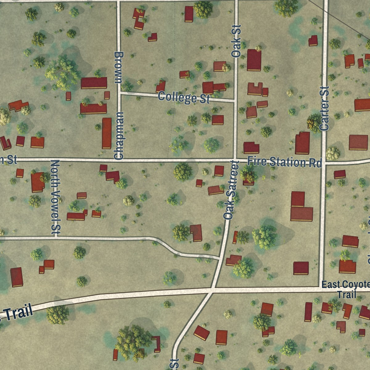 Close-up of the map of Richland Springs, Texas print showing street and building detail