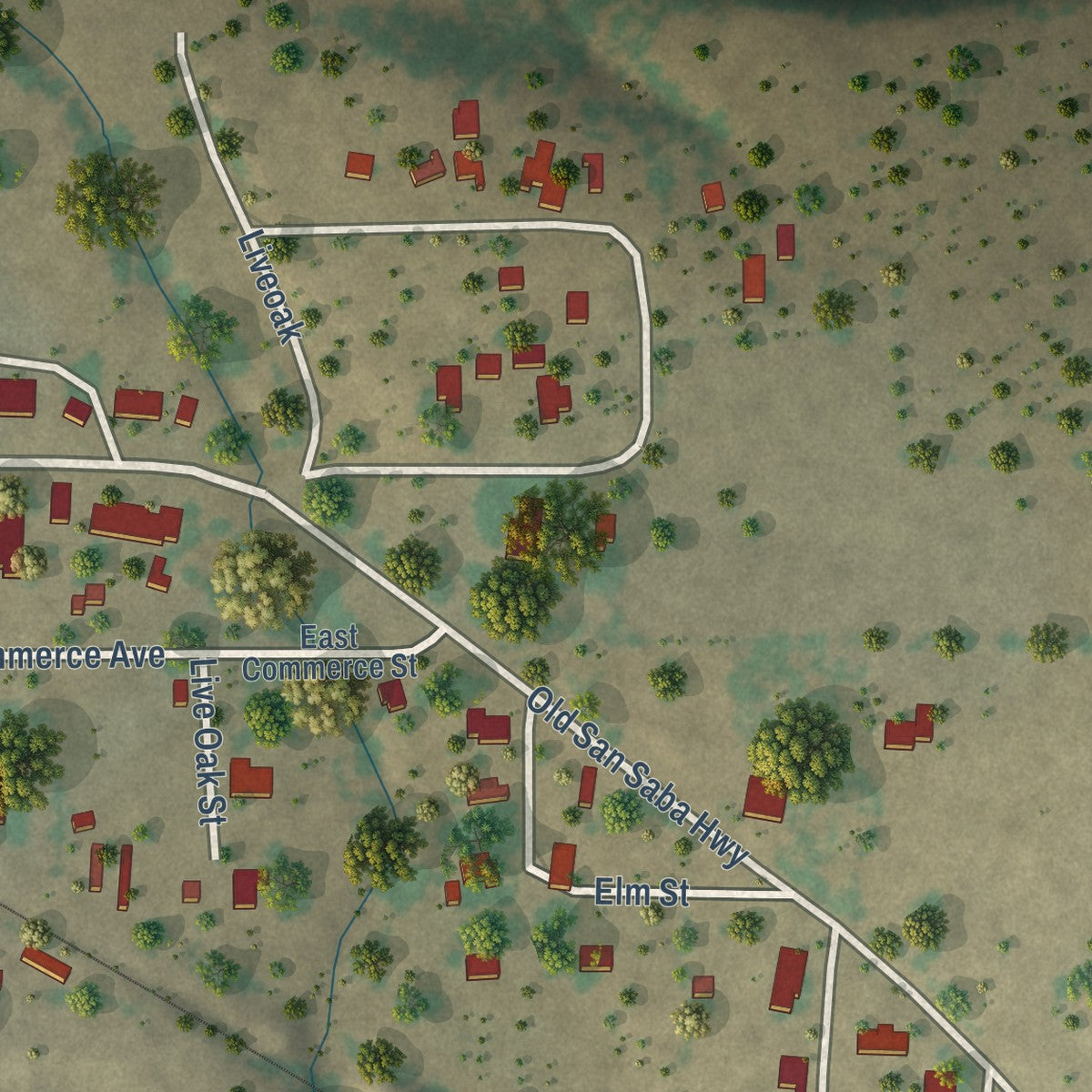 Second close-up of the map of Richland Springs, Texas print showing more streets and buildings