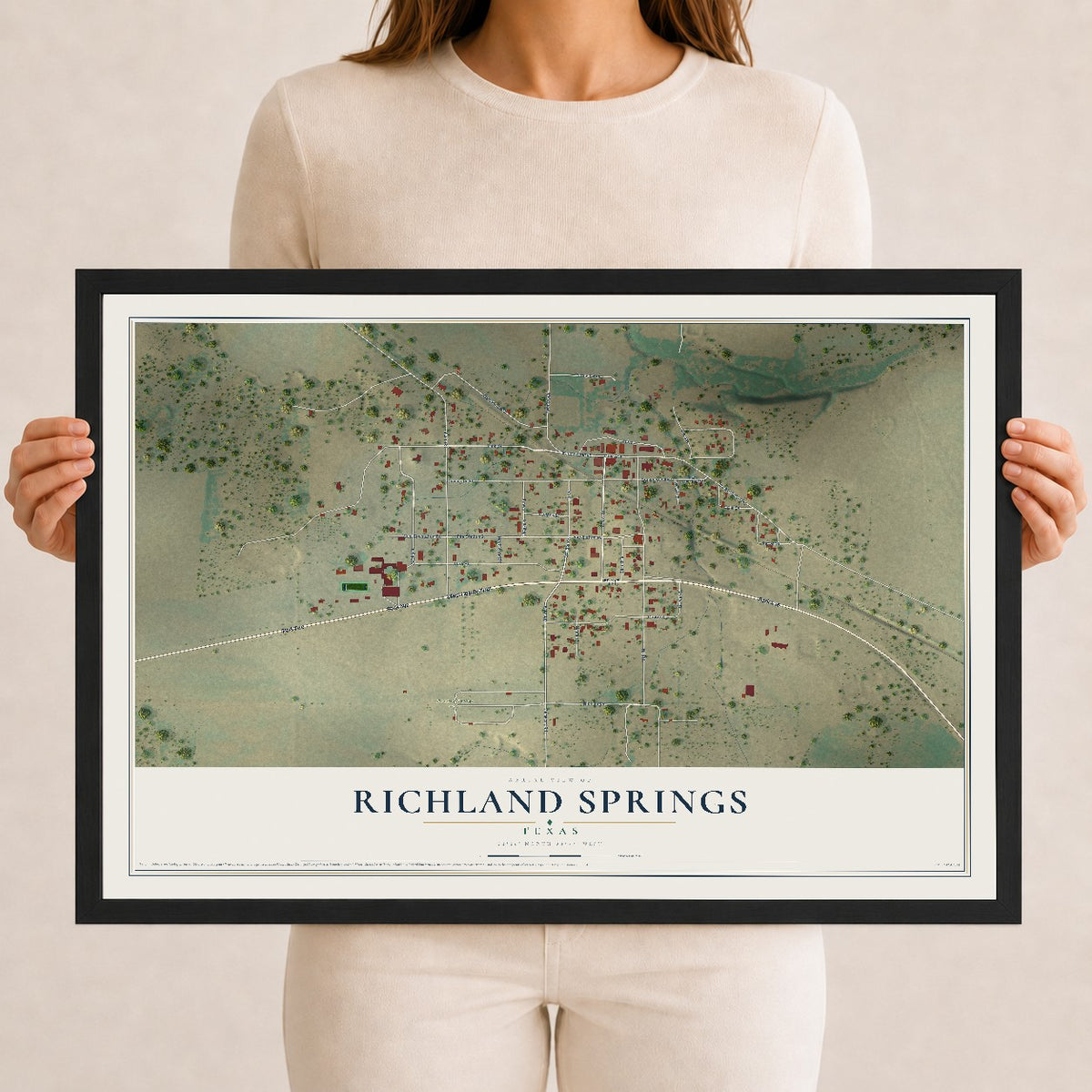Map of Richland Springs, Texas, 12 x 18 inch print in a black wood frame