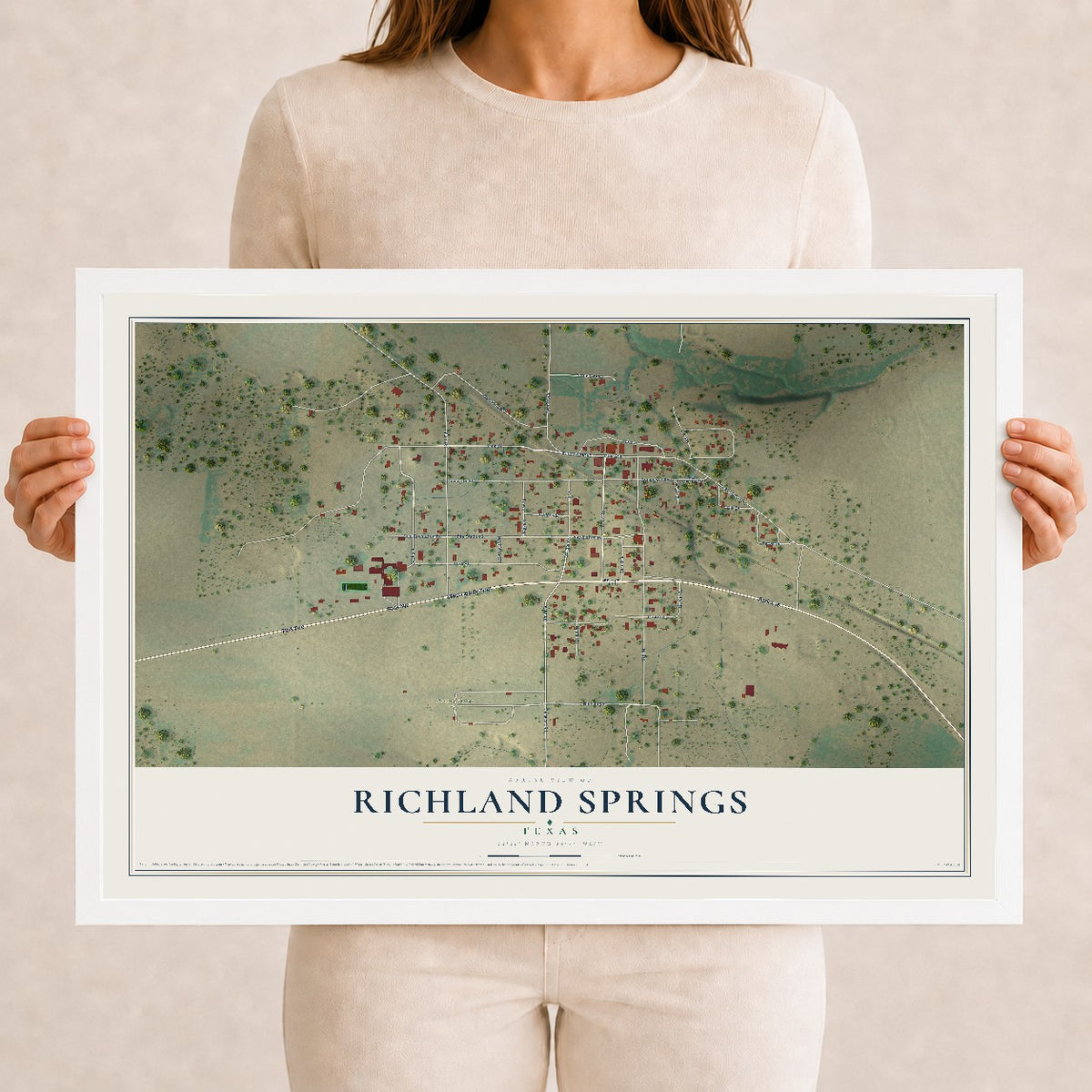 Map of Richland Springs, Texas, 12 x 18 inch print in a white wood frame