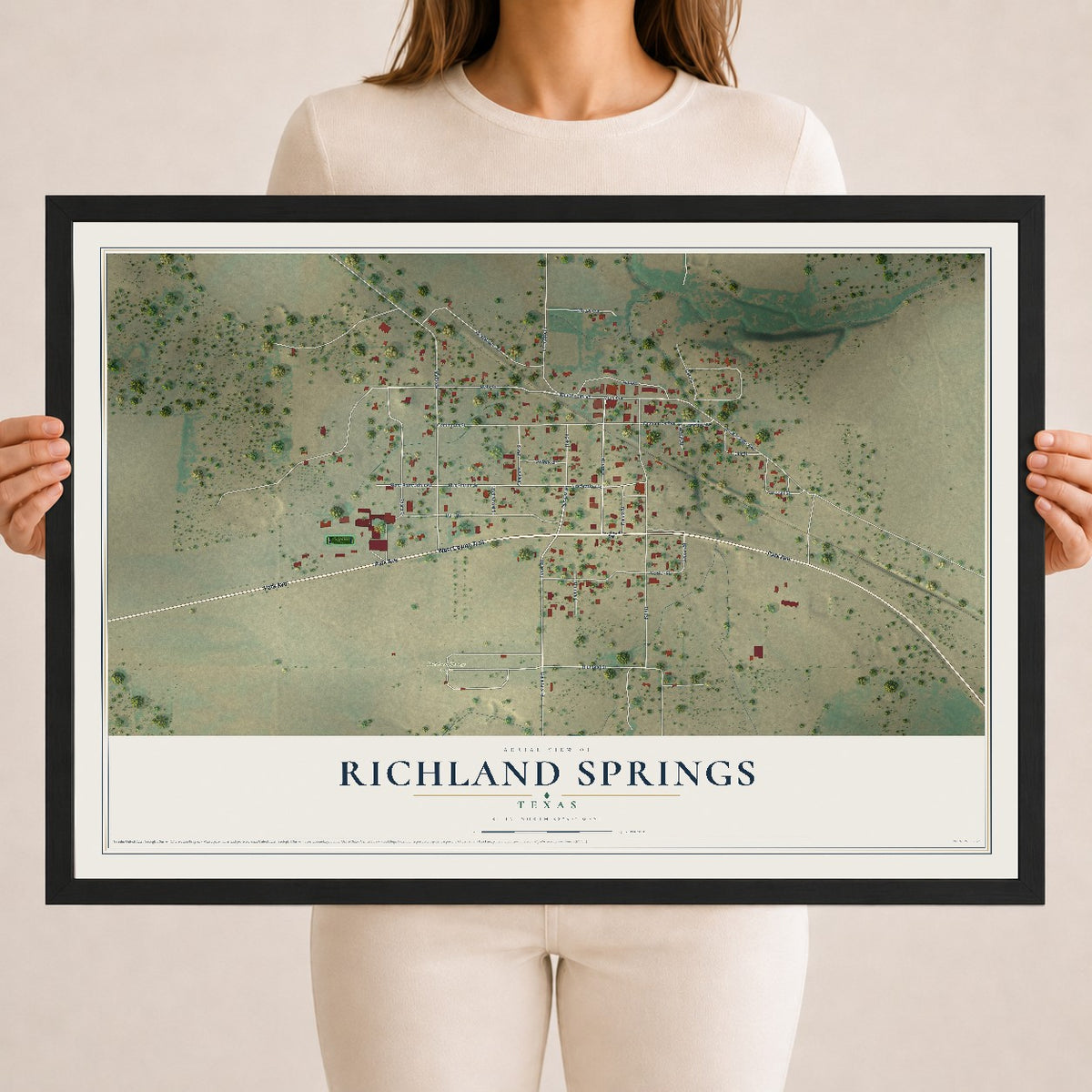 Map of Richland Springs, Texas, 18 x 24 inch print in a black wood frame