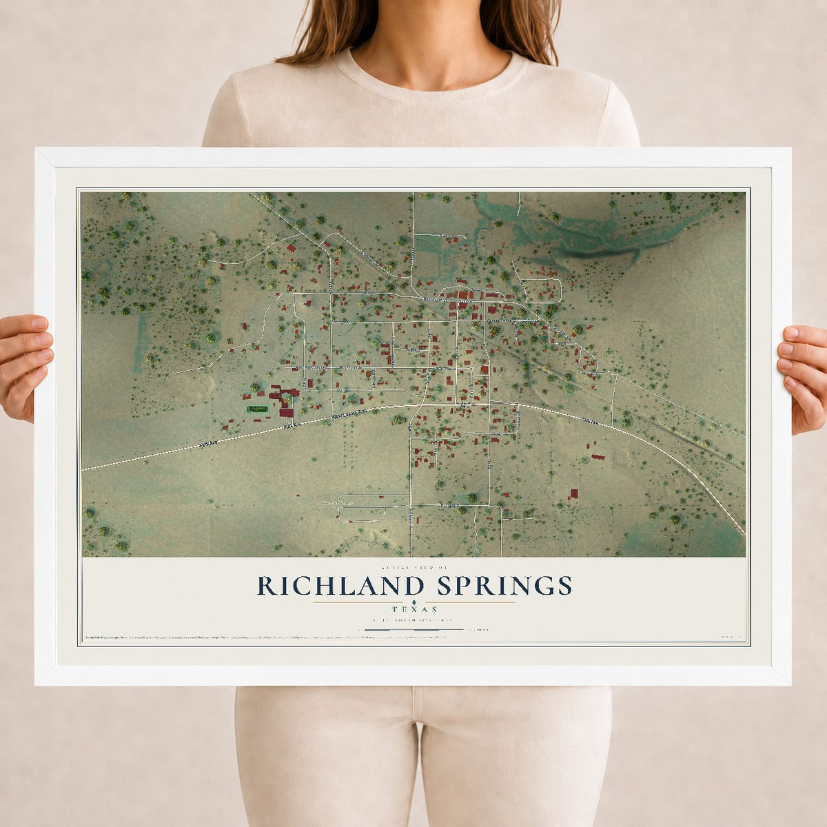 Map of Richland Springs, Texas, 18 x 24 inch print in a white wood frame