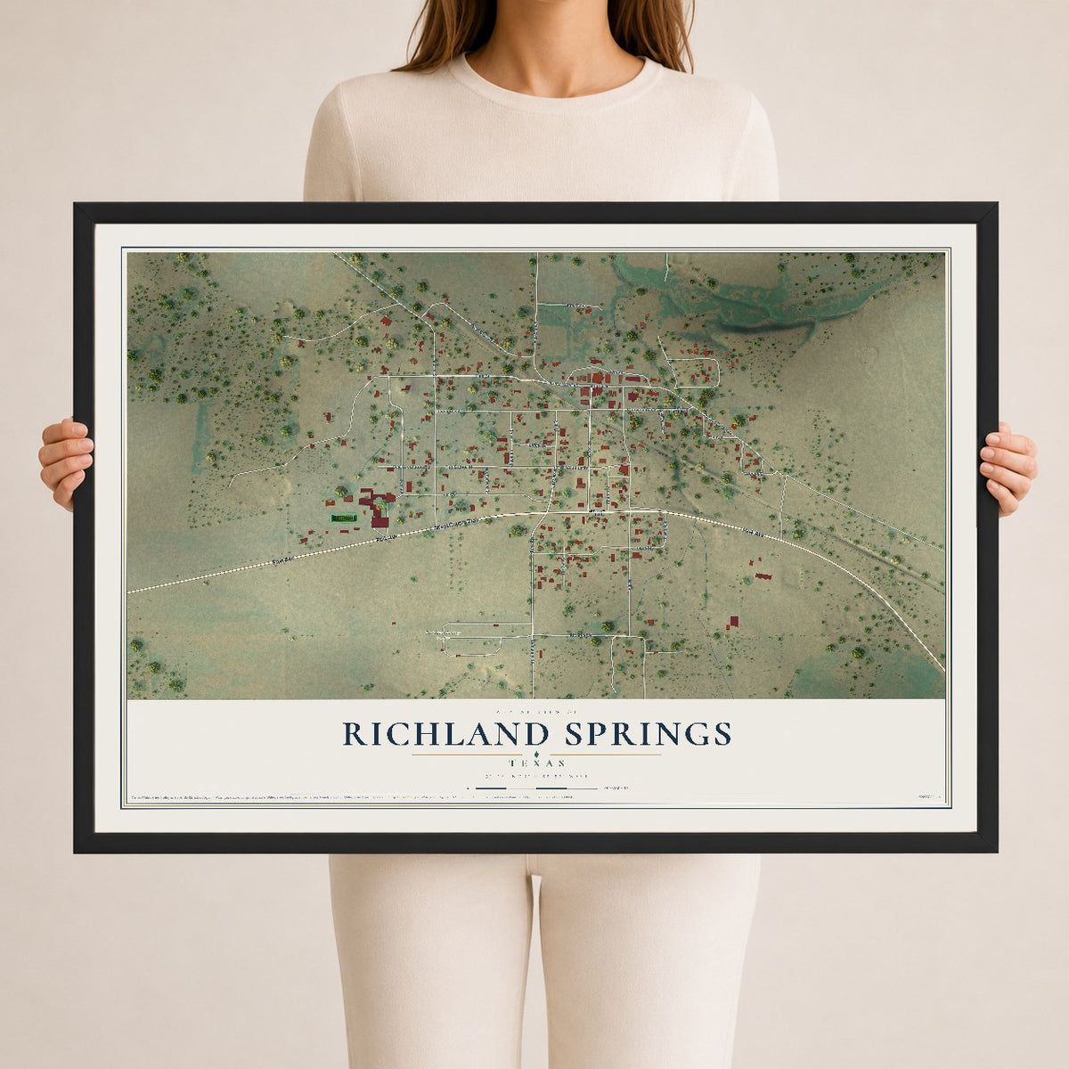 Map of Richland Springs, Texas, 24 x 36 inch print in a black wood frame