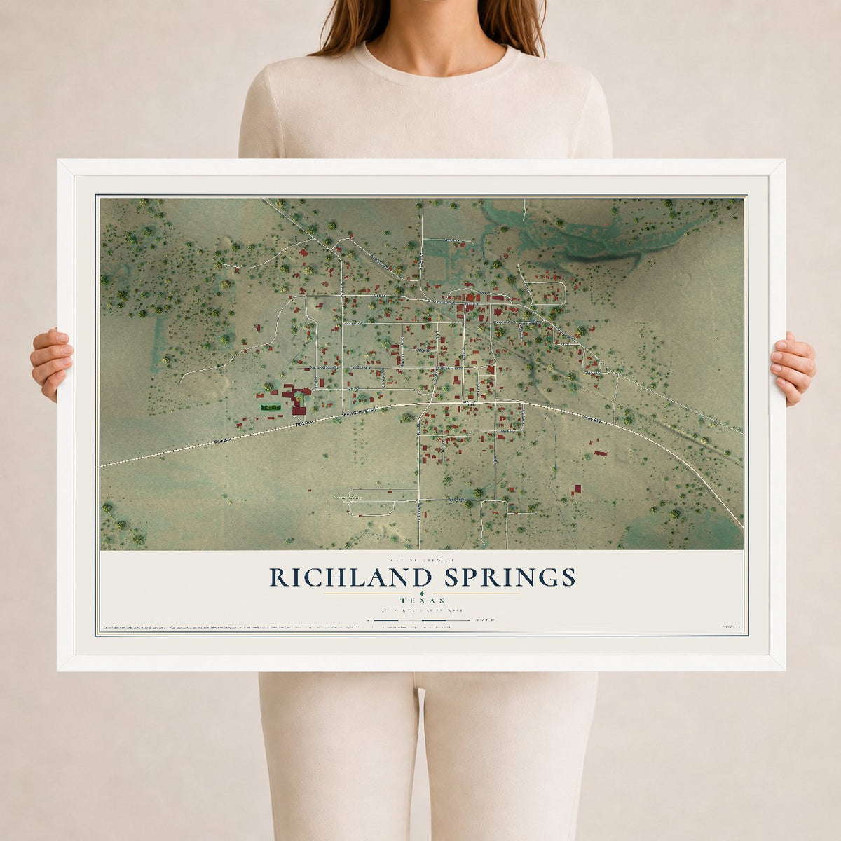 Map of Richland Springs, Texas, 24 x 36 inch print in a white wood frame