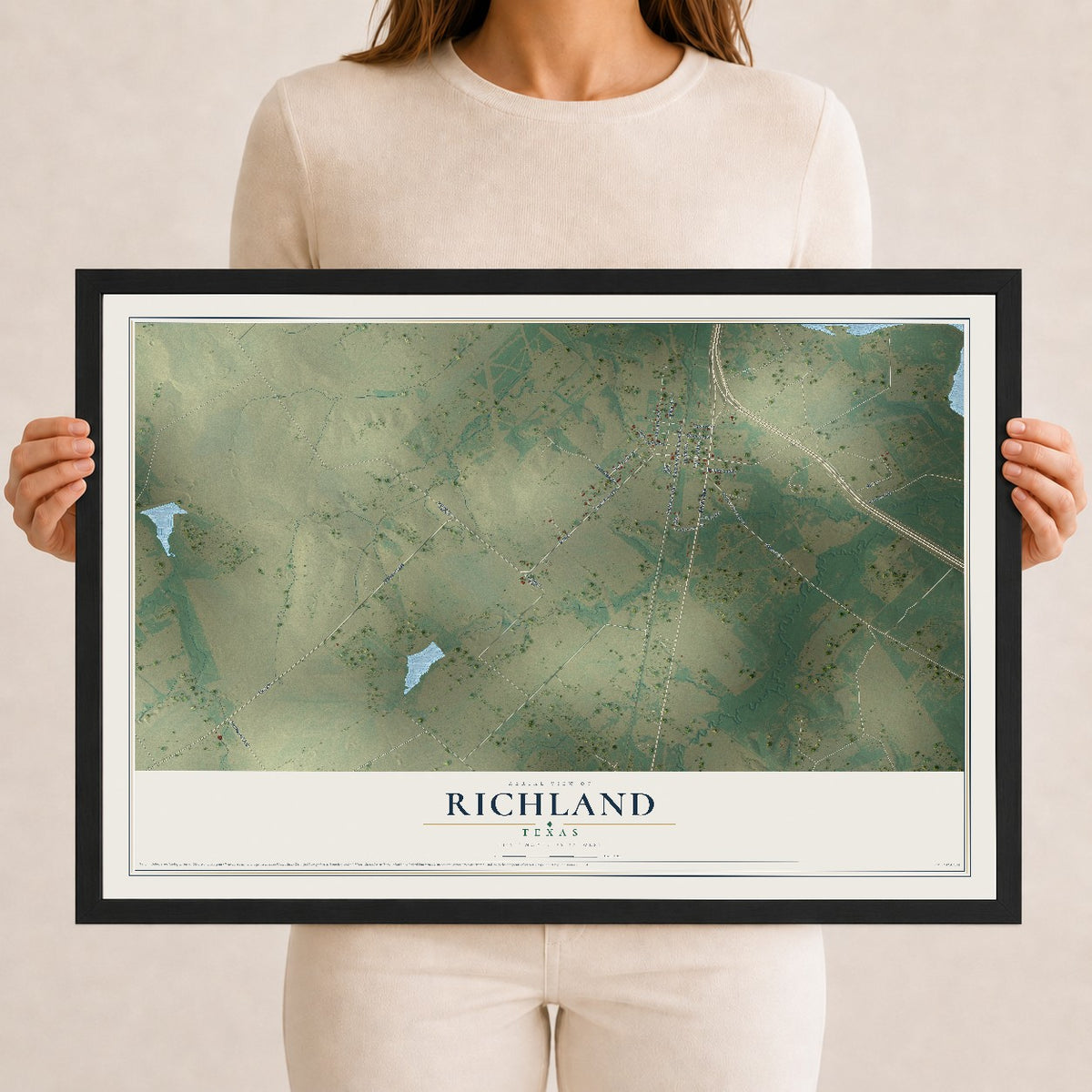 Map of Richland, Texas, 12 x 18 inch print in a black wood frame