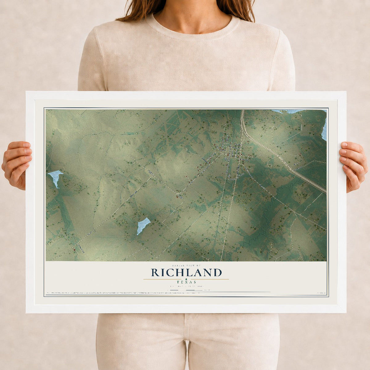 Map of Richland, Texas, 12 x 18 inch print in a white wood frame