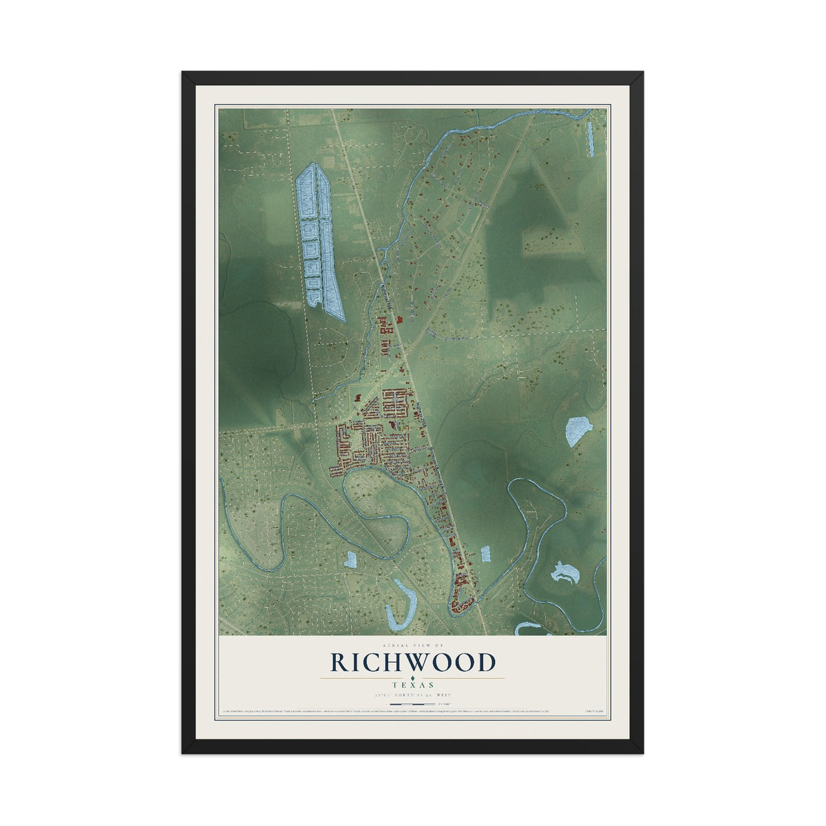 Map of Richwood, Texas, 12 x 18 inch print in a black wood frame