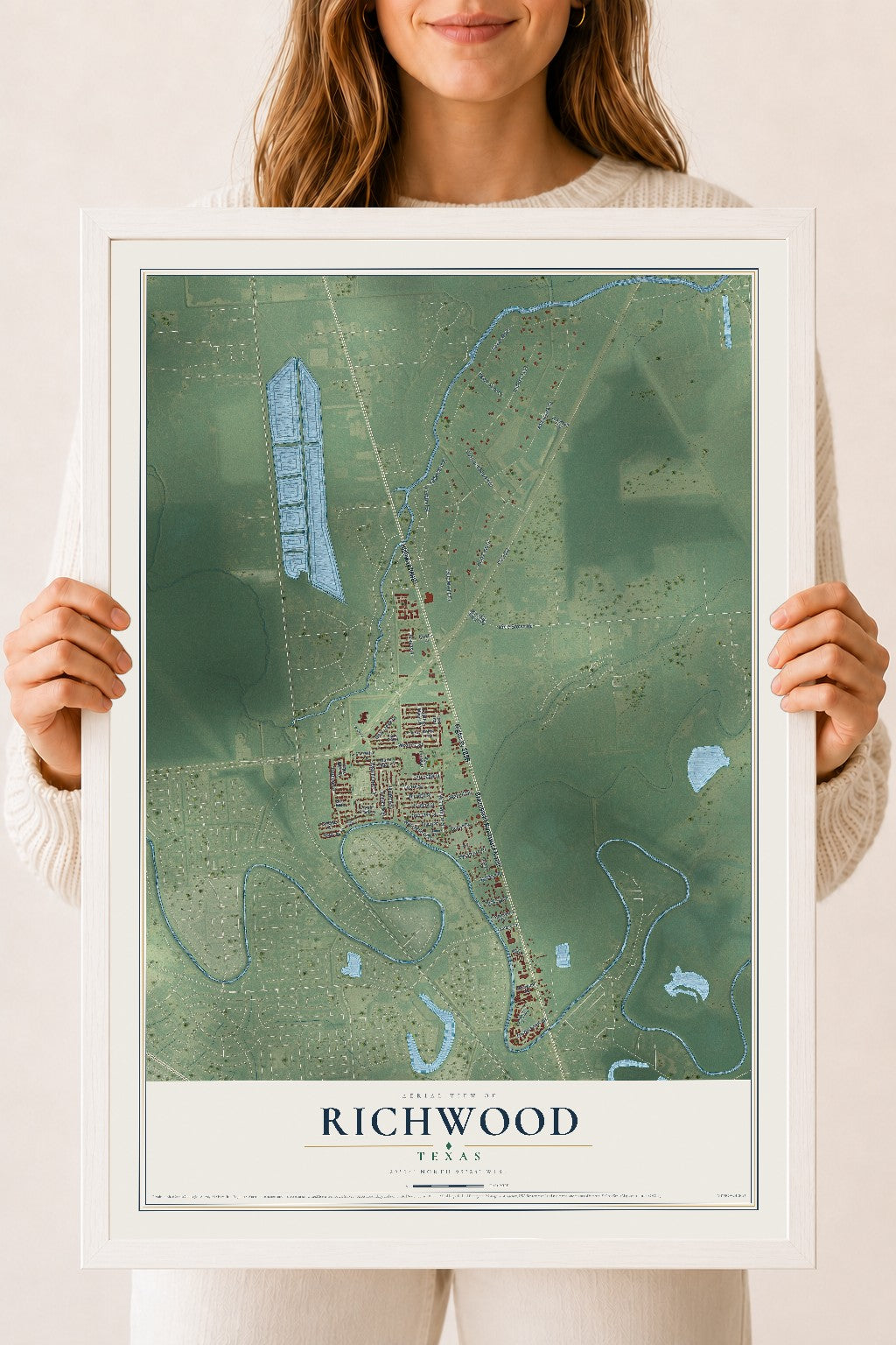 Map of Richwood, Texas, 18 x 24 inch print in a white wood frame