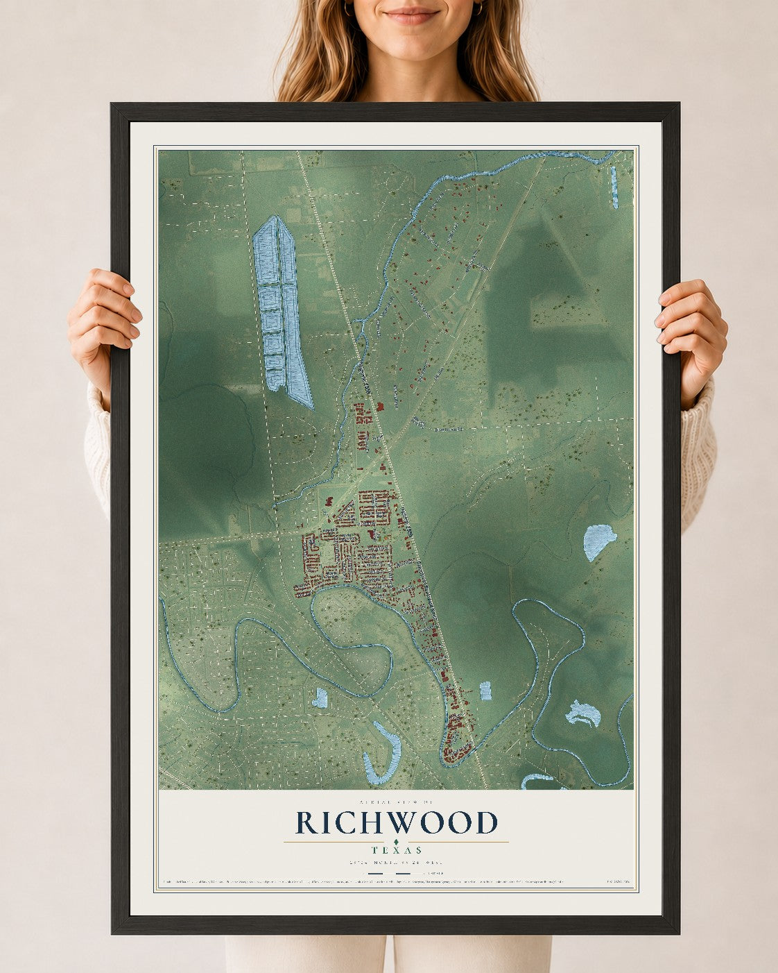 Map of Richwood, Texas, 24 x 36 inch print in a black wood frame