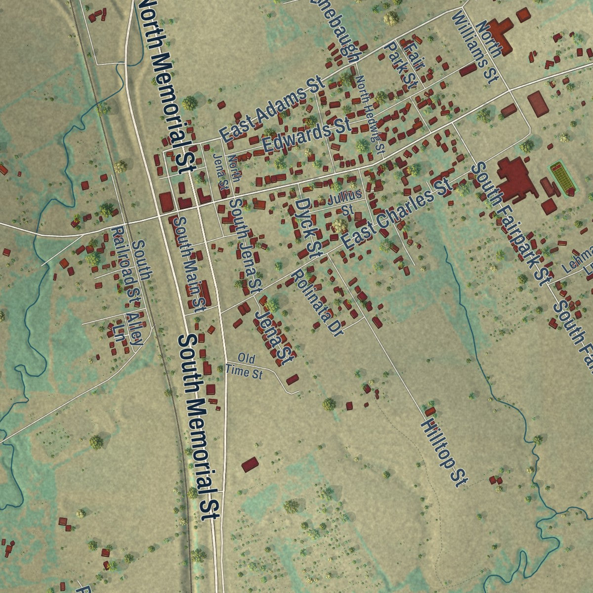 Close-up of the map of Riesel, Texas print showing street and building detail