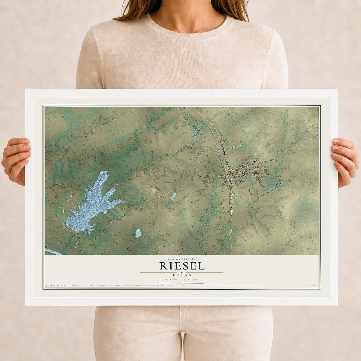 Map of Riesel, Texas, 12 x 18 inch print in a white wood frame