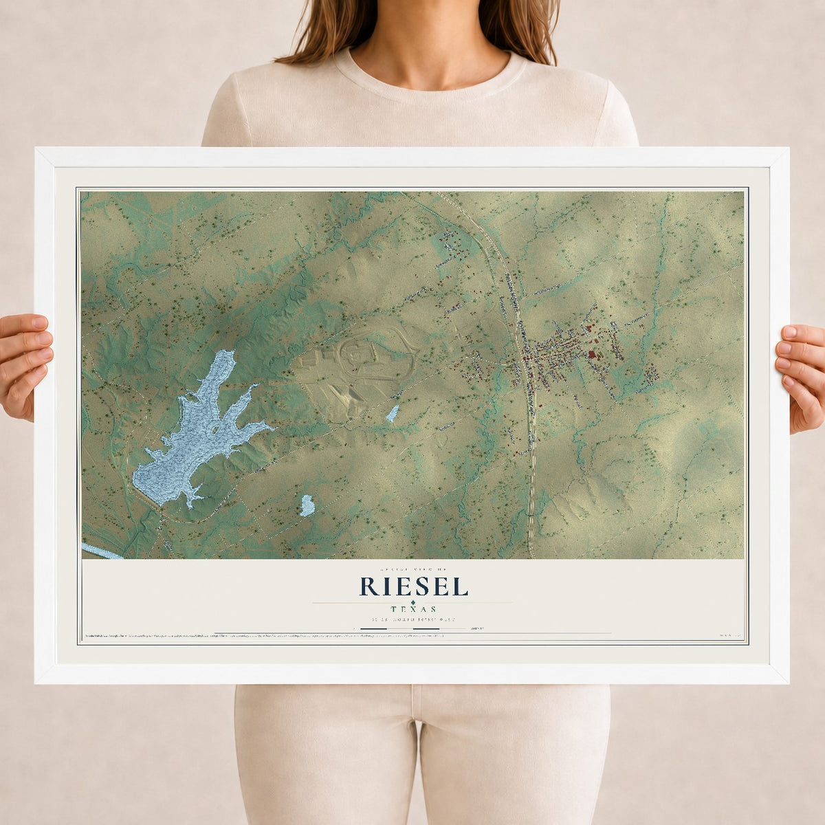 Map of Riesel, Texas, 18 x 24 inch print in a white wood frame